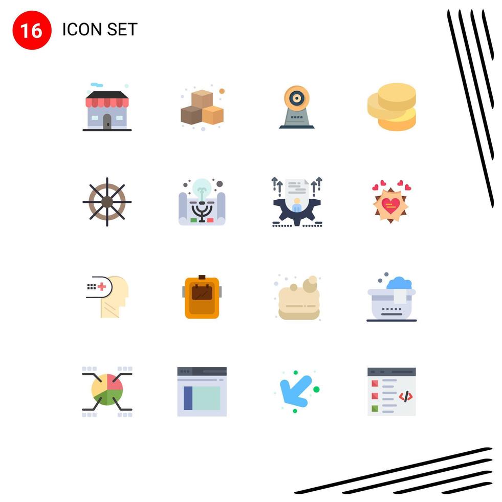 Stock Vektor Icon Pack mit 16 Linienzeichen und Symbolen für Schiffsrad Boot Kamera Geld Bargeld editierbare Packung kreativer Vektordesign-Elemente