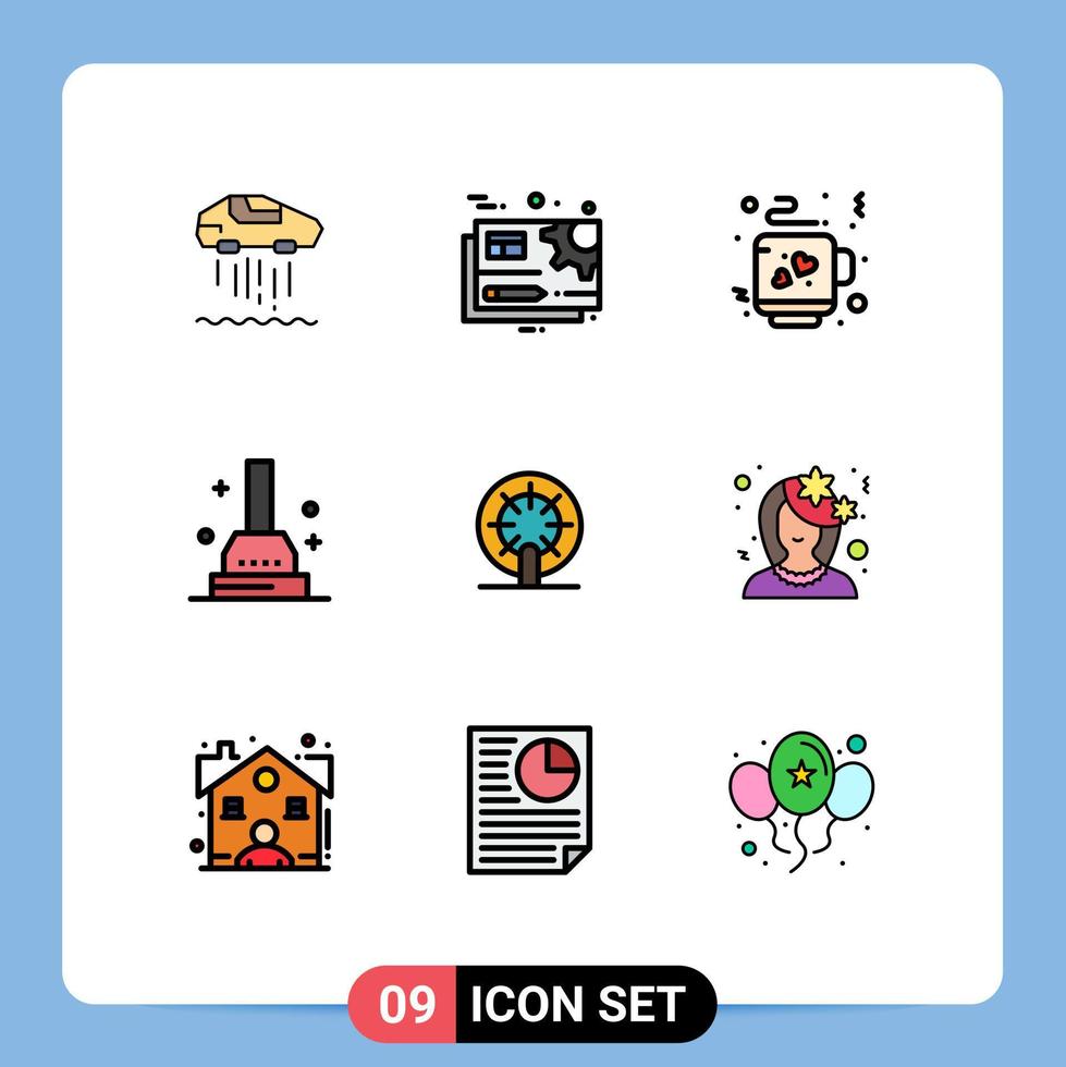 Gruppe von 9 gefüllten flachen Farben Zeichen und Symbolen für Schiffsrad bearbeiten Badezimmer Badewanne editierbare Vektordesign-Elemente vektor