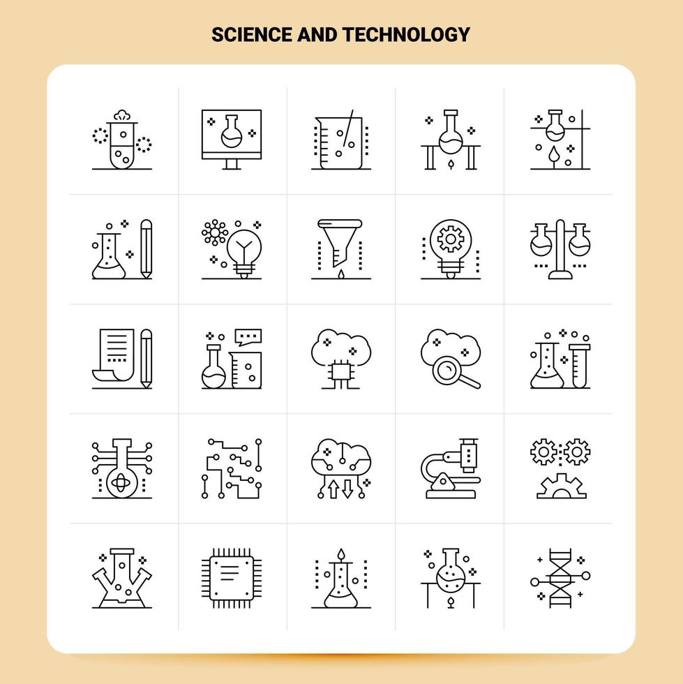 Umriss 25 Wissenschaft und Technologie Icon Set Vektor Linienstil Design schwarze Icons Set lineares Piktogrammpaket Web und mobile Geschäftsideen entwerfen Vektorillustration