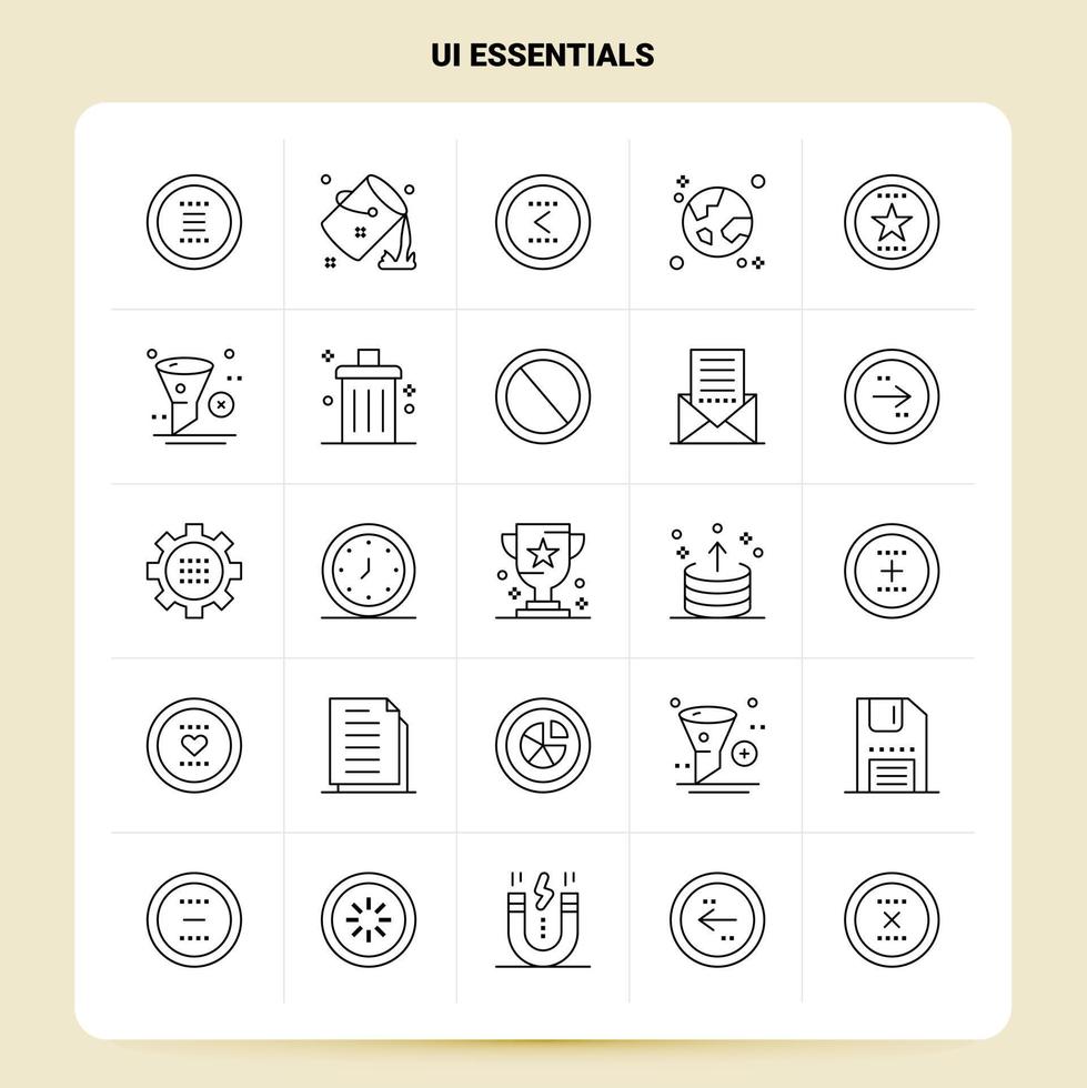 Umriss 25 ui Essentials Icon Set Vektor Linienstil Design schwarze Icons Set lineares Piktogrammpaket Web und mobile Geschäftsideen entwerfen Vektorillustration