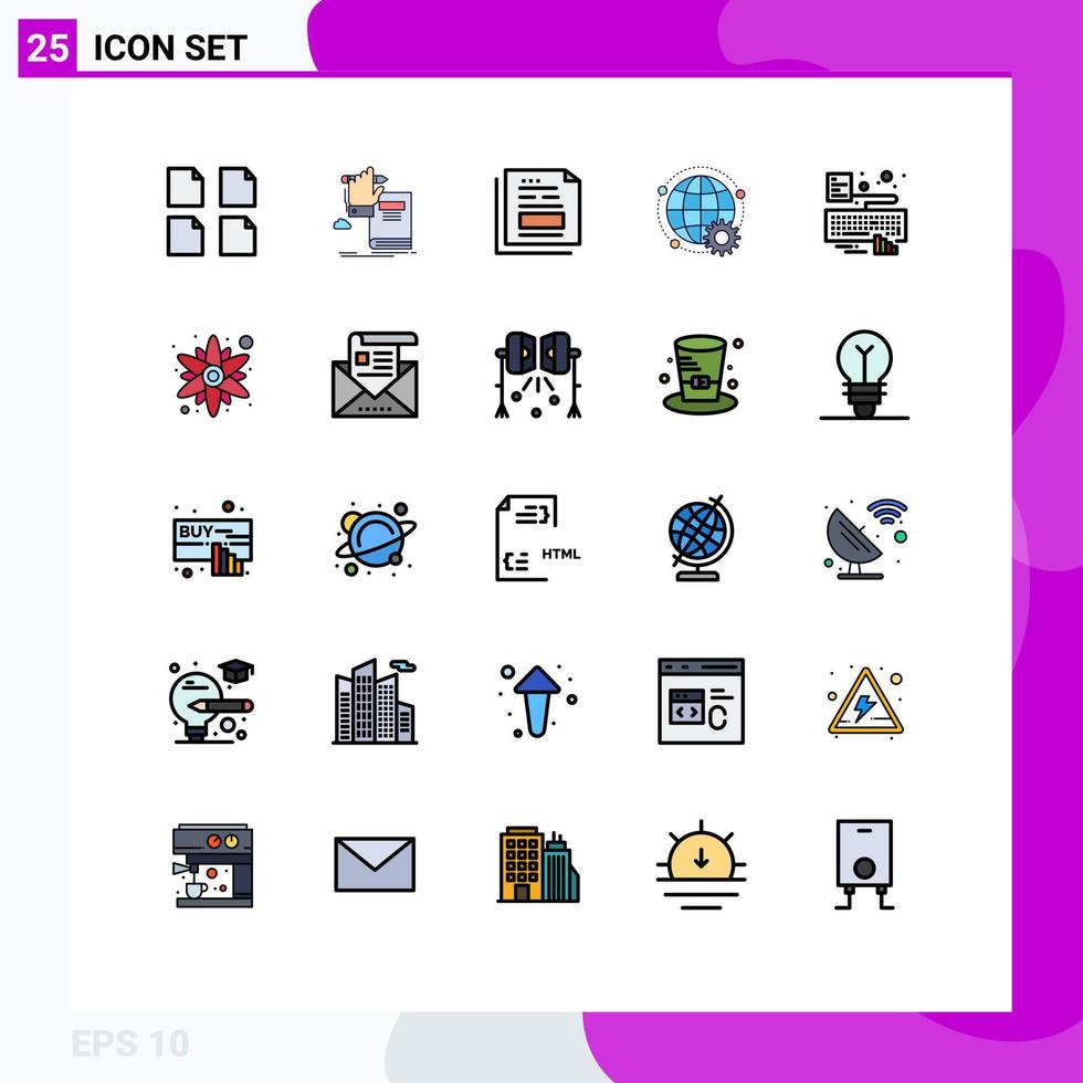 Gruppe von 25 modernen, gefüllten Linien-Flachfarben für Multiplayer-Weltdaten, Online-Büro, editierbare Vektordesign-Elemente vektor