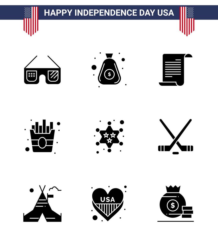 glücklicher unabhängigkeitstag usa paket mit 9 kreativen soliden glyphen der polizeiabzeichendatei pommes schnell editierbare usa-tag-vektordesignelemente vektor