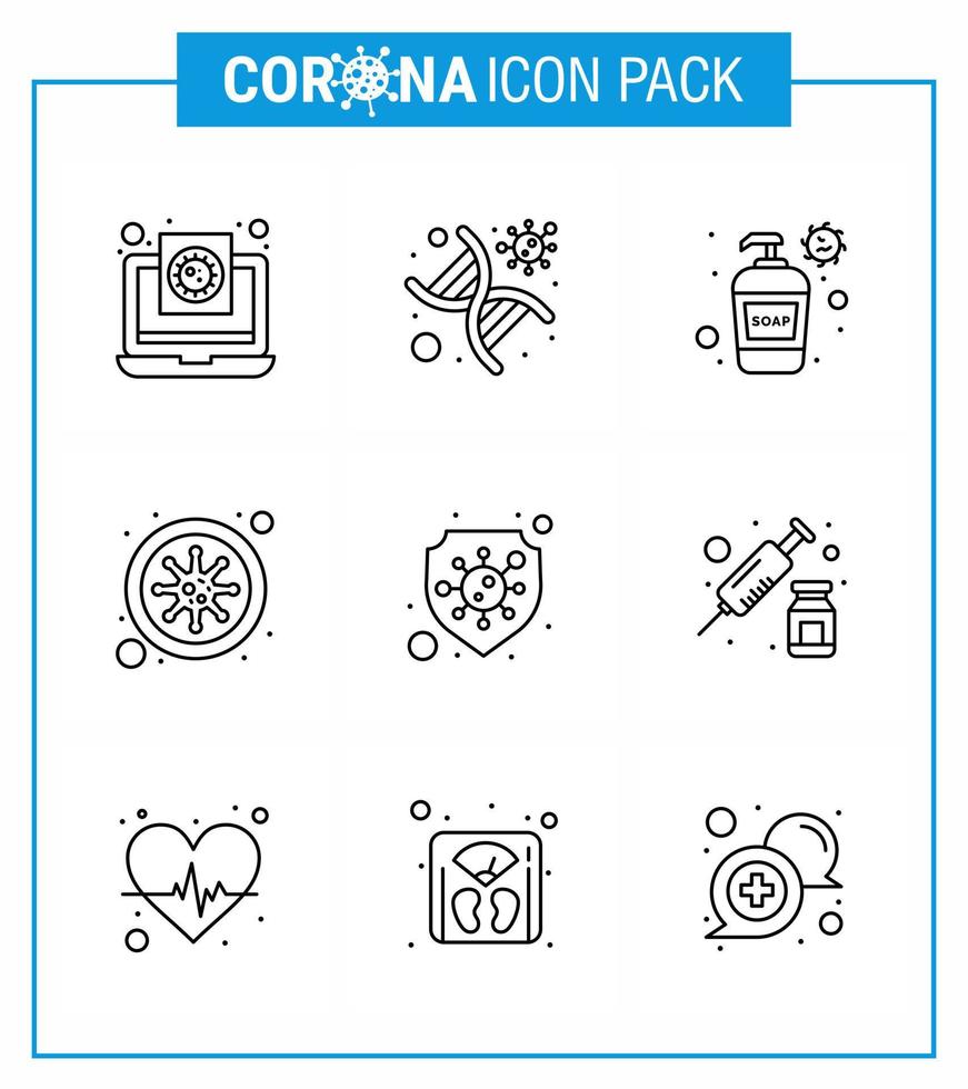 9 linje uppsättning av korona virus epidemi ikoner sådan som blod coronavirus strå bakterie tvål viral coronavirus 2019 nov sjukdom vektor design element