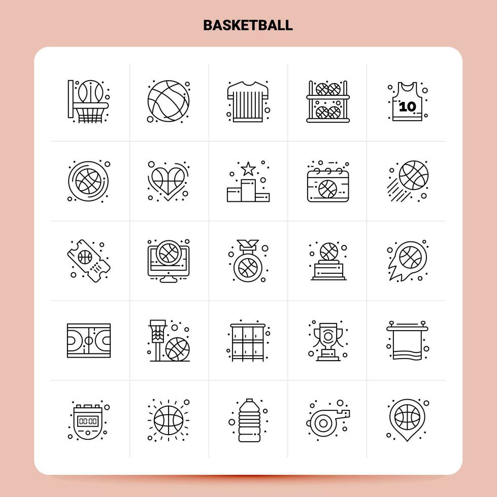 översikt 25 basketboll ikon uppsättning vektor linje stil design svart ikoner uppsättning linjär piktogram packa webb och mobil företag idéer design vektor illustration