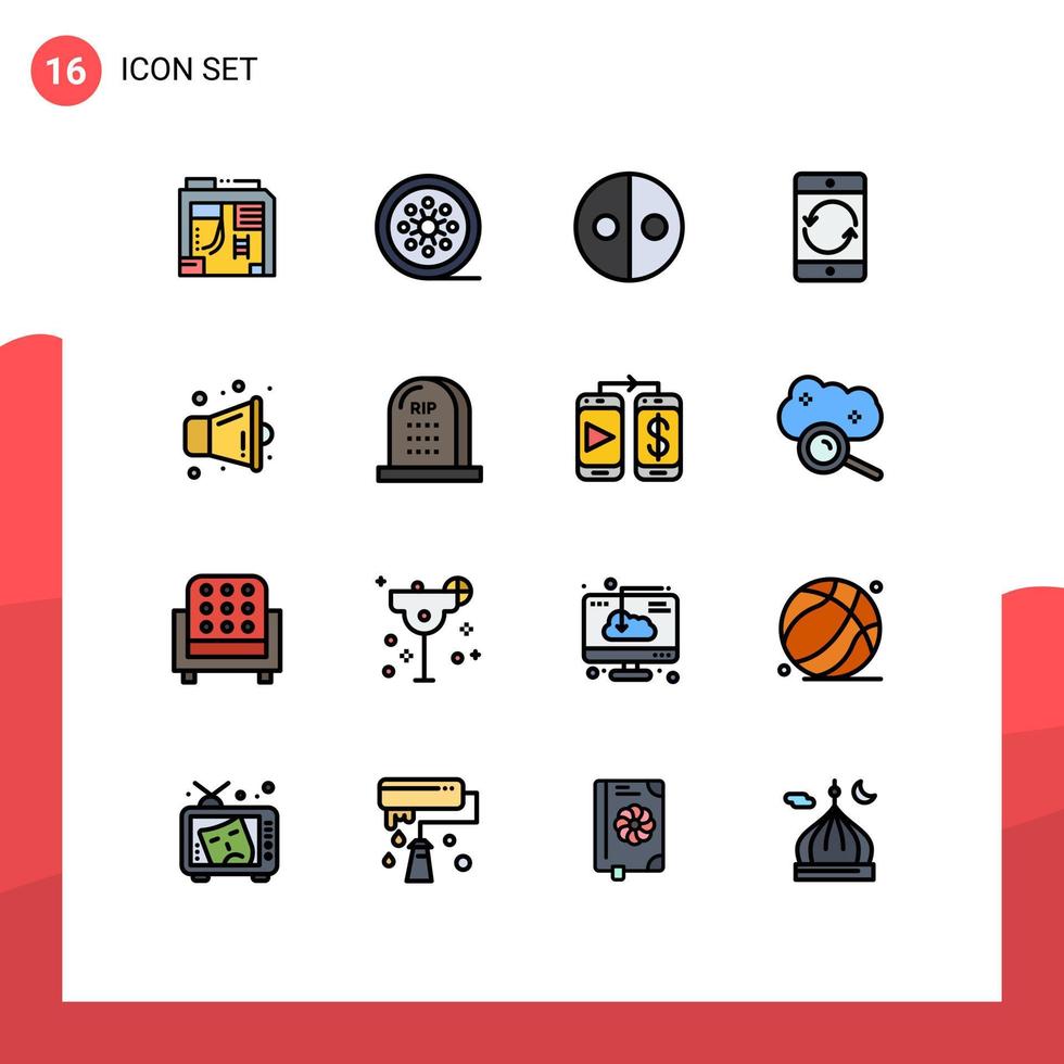 Gruppe von 16 flachen, farbgefüllten Linien Zeichen und Symbole für mobile Geräte Vintage-Reel-Handy-Symbole editierbare kreative Vektordesign-Elemente vektor