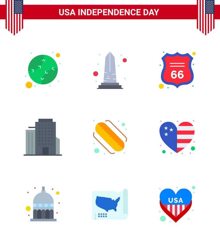 Happy Independence Day Pack mit 9 flachen Zeichen und Symbolen für Hotdog American Washington Office American Editable Usa Day Vector Design Elements