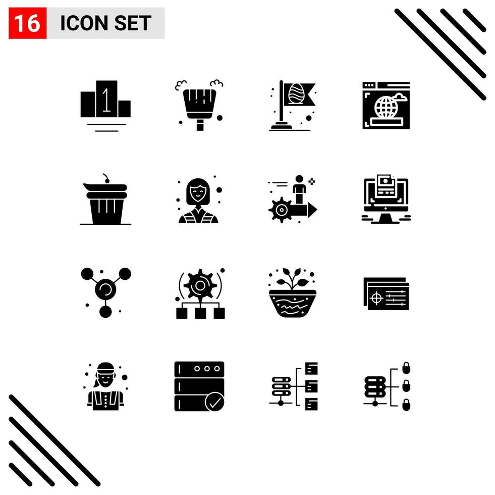 Packung mit 16 modernen Solid-Glyphen-Zeichen und Symbolen für Web-Printmedien wie Industrieküchenflaggen und bearbeitbare Vektordesign-Elemente vektor