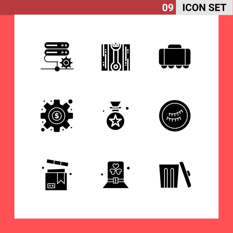 moderner Satz von 9 soliden Glyphen und Symbolen wie bearbeitbare Vektordesign-Elemente für Augenabzeichen Tankpreisgeld vektor