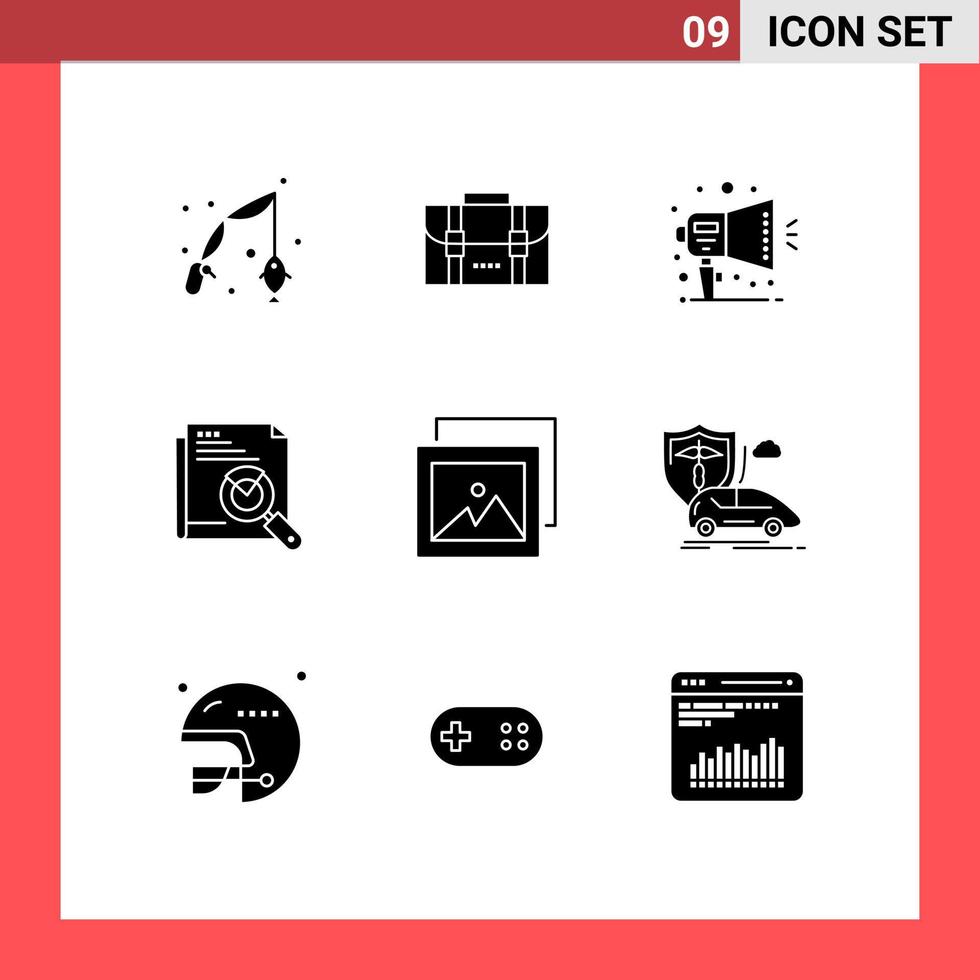 solides Glyphenpaket mit 9 universellen Symbolen für bearbeitbare Vektordesign-Elemente der Albumseiten-Suchankündigungswebseite vektor