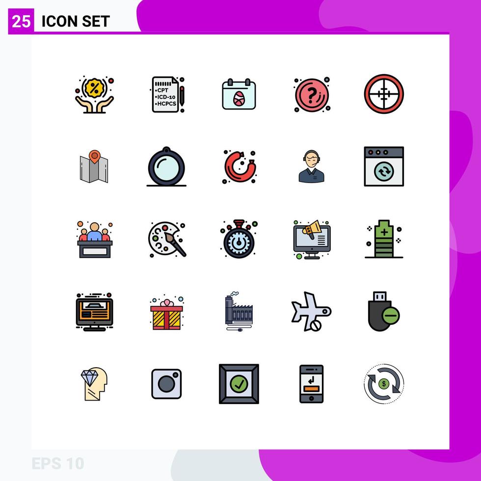 Piktogrammsatz von 25 einfachen gefüllten Linienflachfarben von Abzeicheninformationen Ei-Info-Marke editierbare Vektordesign-Elemente vektor