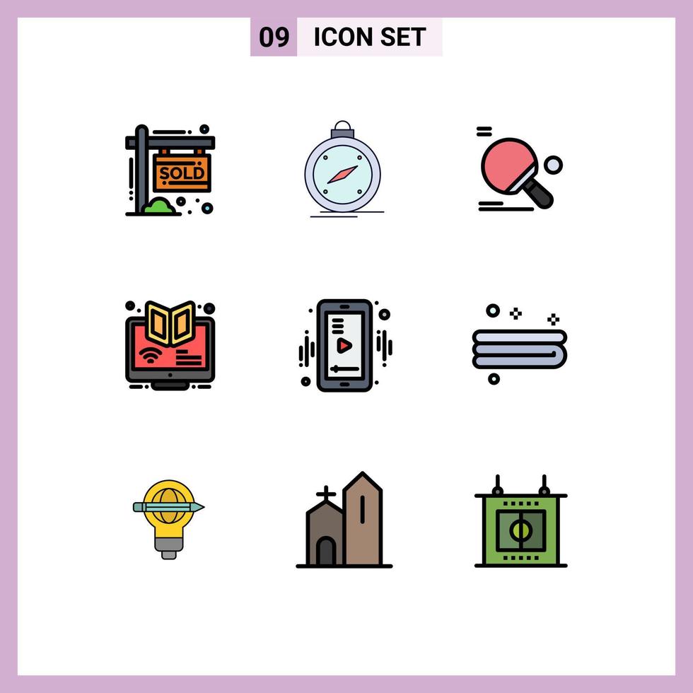 mobil gränssnitt fylld linje platt Färg uppsättning av 9 piktogram av webinar e plats elearning ping pong redigerbar vektor design element