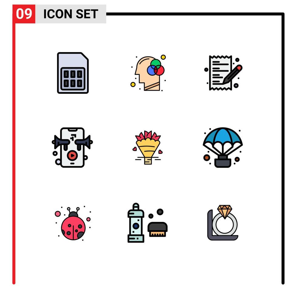 9 användare gränssnitt fylld linje platt Färg packa av modern tecken och symboler av bukett video Färg högtalare handla redigerbar vektor design element