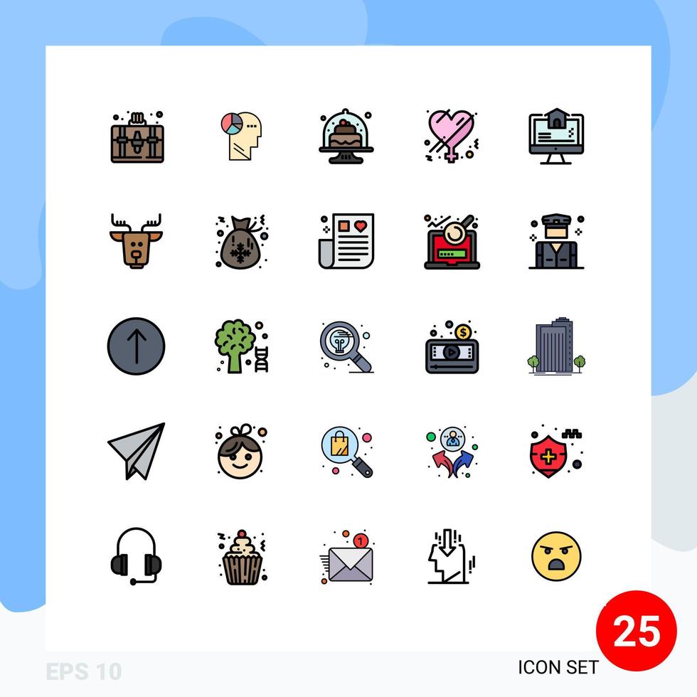 uppsättning av 25 kommersiell fylld linje platt färger packa för dator kärlek bakad kön maträtt redigerbar vektor design element