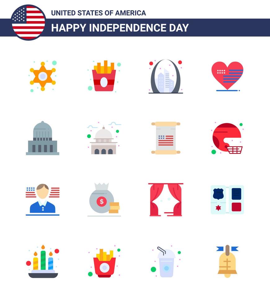 16 Usa-Flachpaket von Zeichen und Symbolen des Unabhängigkeitstags der Stadtflagge, die amerikanisches Herz aufbaut, editierbare Usa-Tag-Vektordesign-Elemente vektor