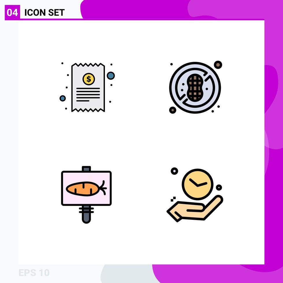 Stock Vector Icon Pack mit 4 Zeilenzeichen und Symbolen für Rechnung Ostern Finanzen Nüsse keine Erdnüsse Uhr editierbare Vektordesign-Elemente