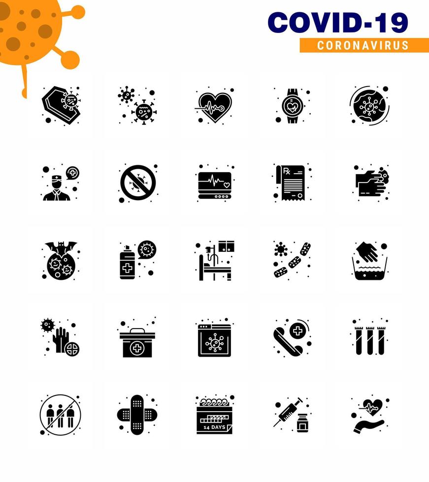 25 solides Glyphen-Coronavirus covid19-Icon-Pack wie Smart Watch medizinisches Gesundheitswesen Gesundheitswesen virales Coronavirus 2019nov-Krankheitsvektor-Designelemente vektor