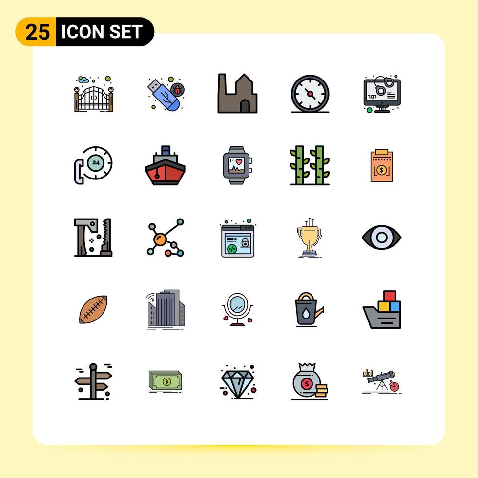 25 gefülltes flaches Farbkonzept für Websites, Handys und Apps Code Gauge Virus Compass Industrie editierbare Vektordesign-Elemente vektor