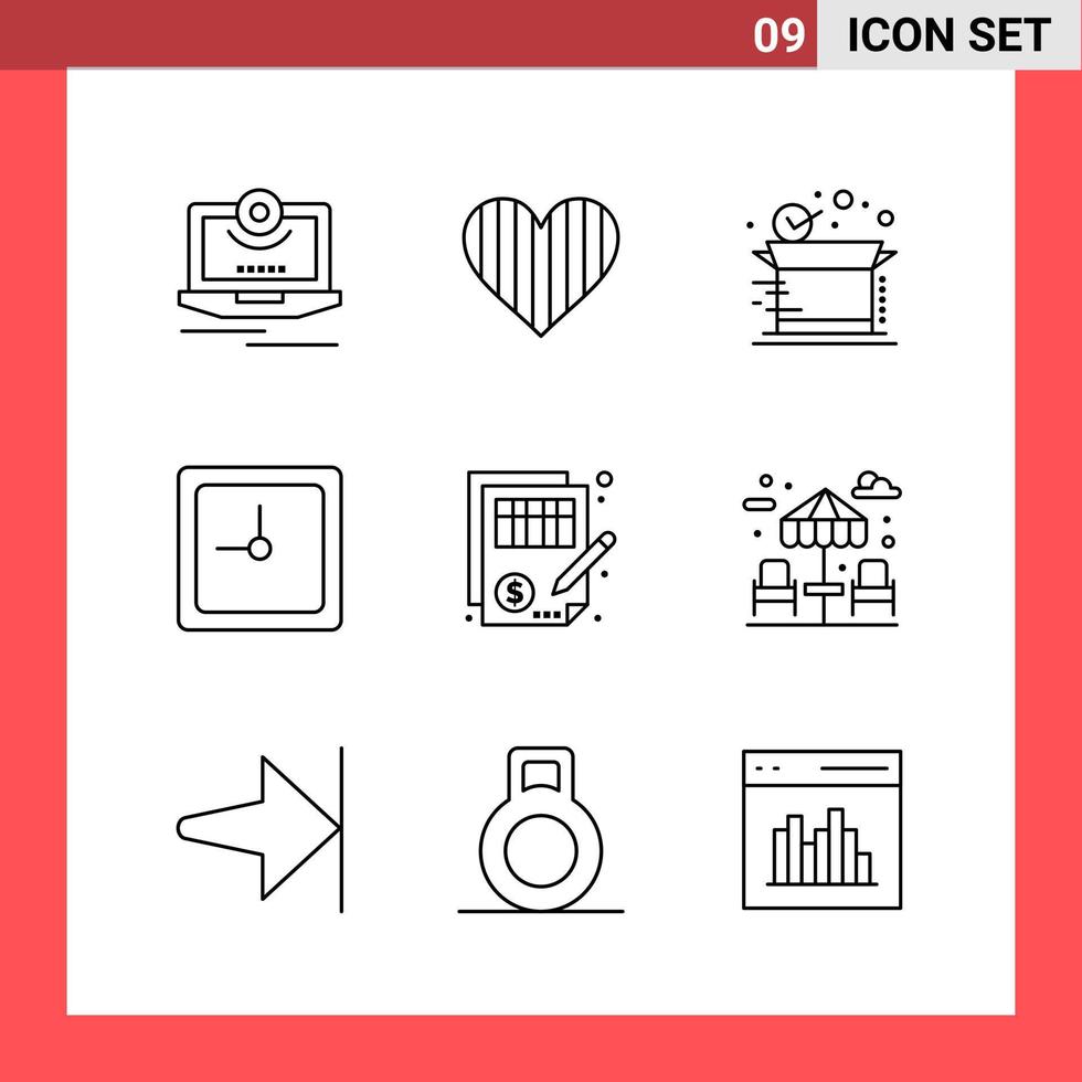 9 Icon Pack Line Style Umrisssymbole auf weißem Hintergrund einfache Zeichen für die allgemeine Gestaltung vektor