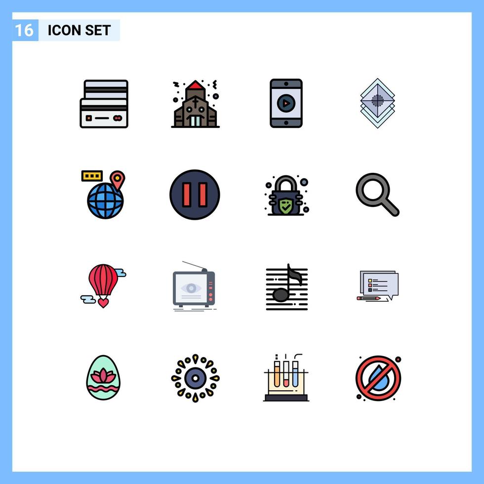 Modernes Set aus 16 flachen, farbgefüllten Linien und Symbolen wie World Stack Mobile Layers arrangieren bearbeitbare kreative Vektordesign-Elemente vektor