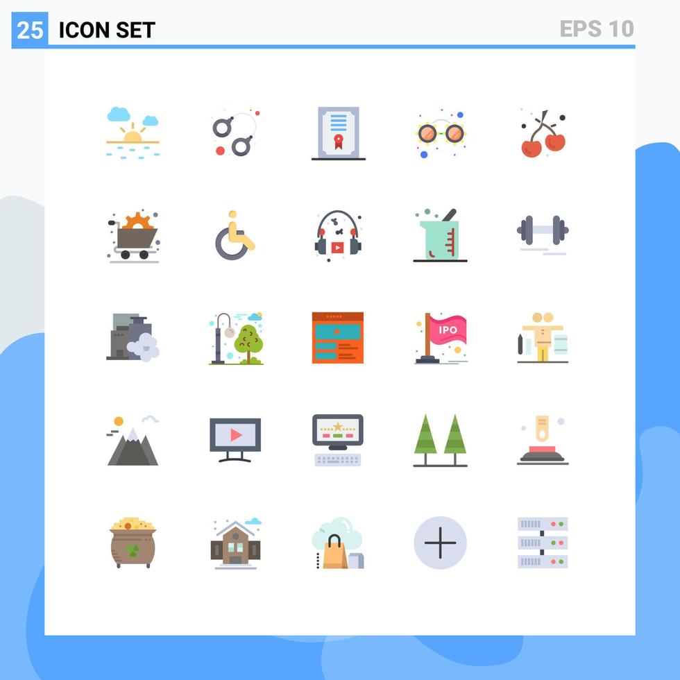grupp av 25 platt färger tecken och symboler för konst körsbär certifikat bär glasögon redigerbar vektor design element