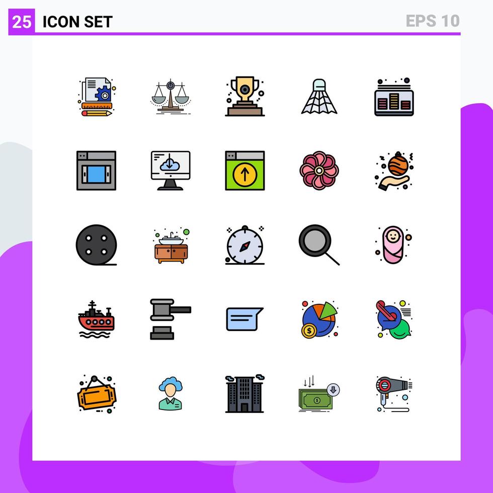 grupp av 25 modern fylld linje platt färger uppsättning för nivå audio tilldela spel fjäderboll redigerbar vektor design element