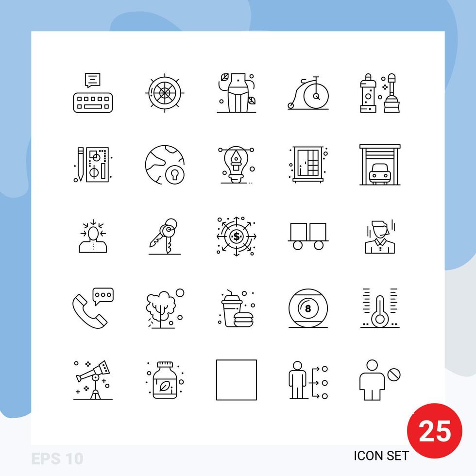 Stock Vector Icon Pack mit 25 Linienzeichen und Symbolen für sauberere Fahrzeugdiät Transportfahrrad editierbare Vektordesign-Elemente