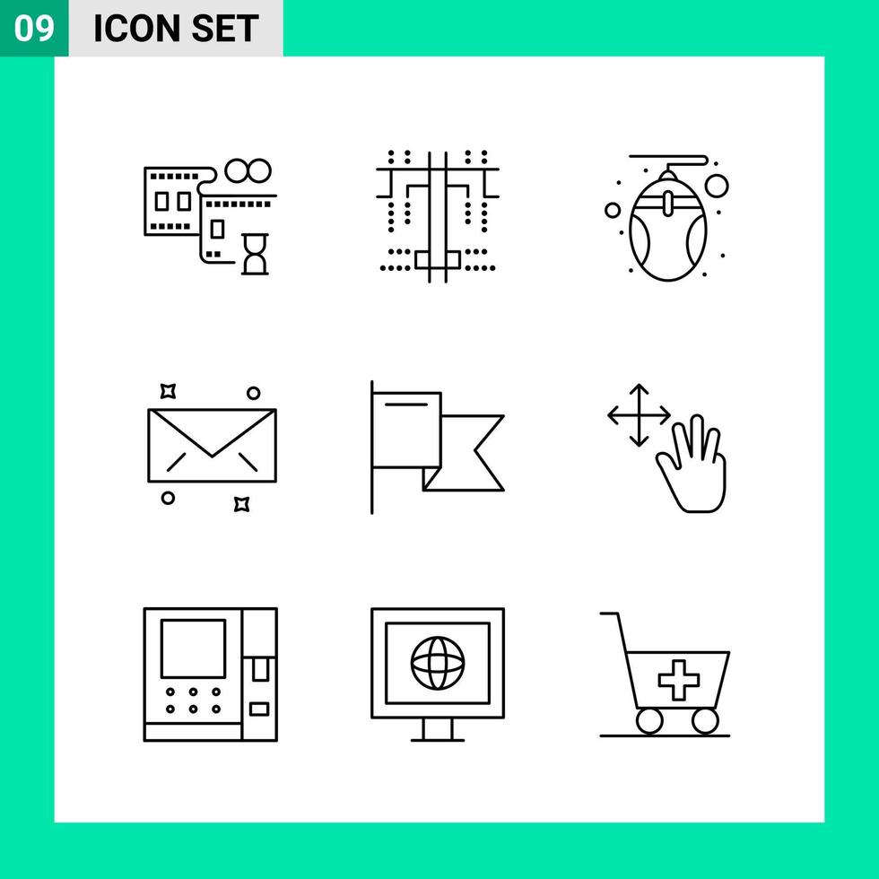 Packung mit 9 Linienstil-Icon-Set Gliederungssymbolen für den Druck kreative Schilder isoliert auf weißem Hintergrund vektor