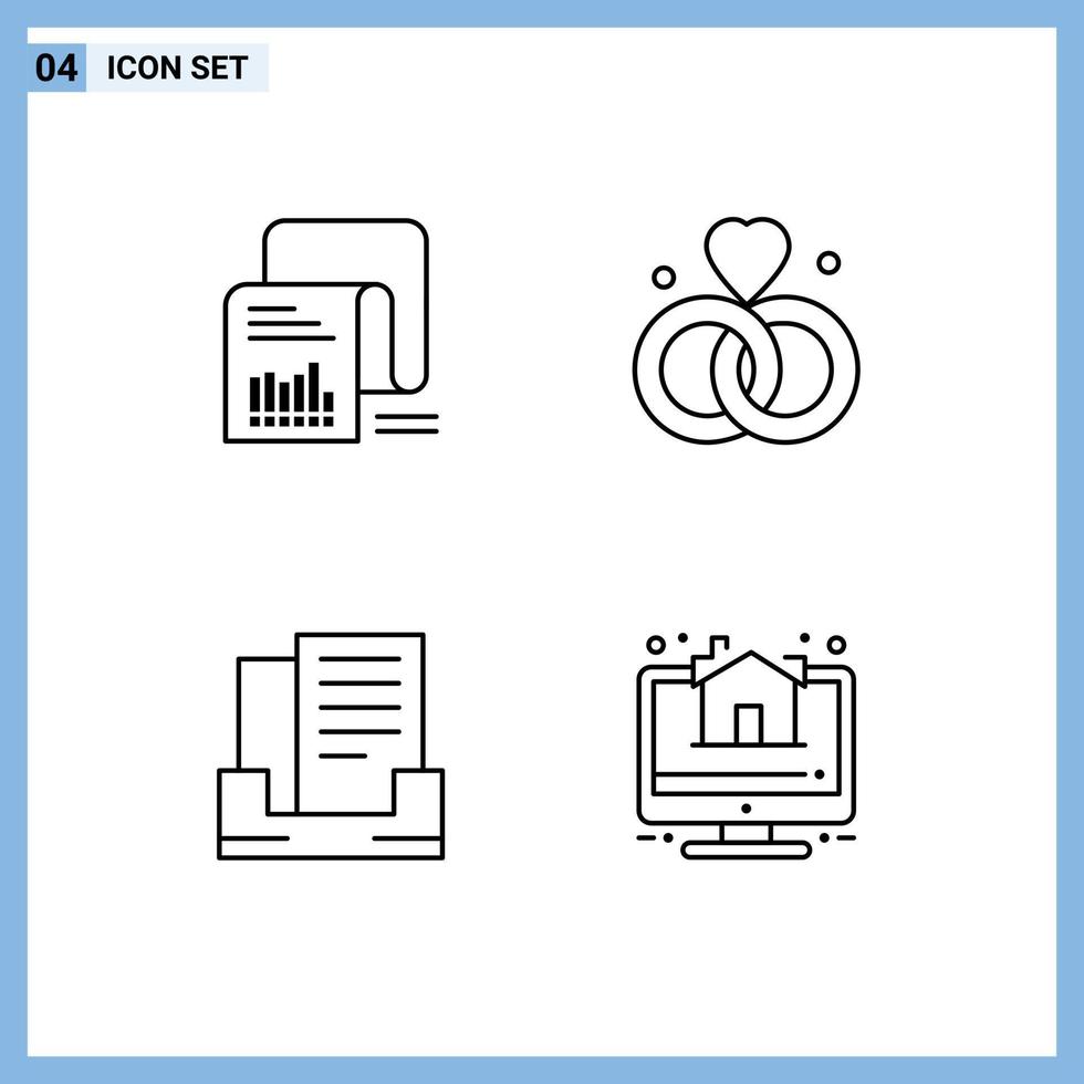 Stock Vector Icon Pack mit 4 Zeilenzeichen und Symbolen für Checkliste E-Mail-Liste Ringe Box editierbare Vektordesign-Elemente