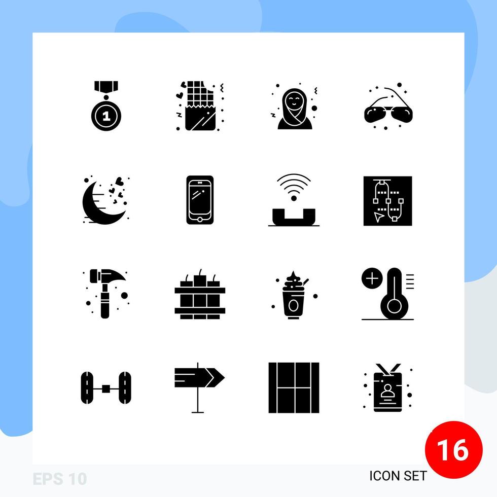 16 fast glyf begrepp för webbplatser mobil och appar måne datum arab kvinnor nörd öga glasögon redigerbar vektor design element