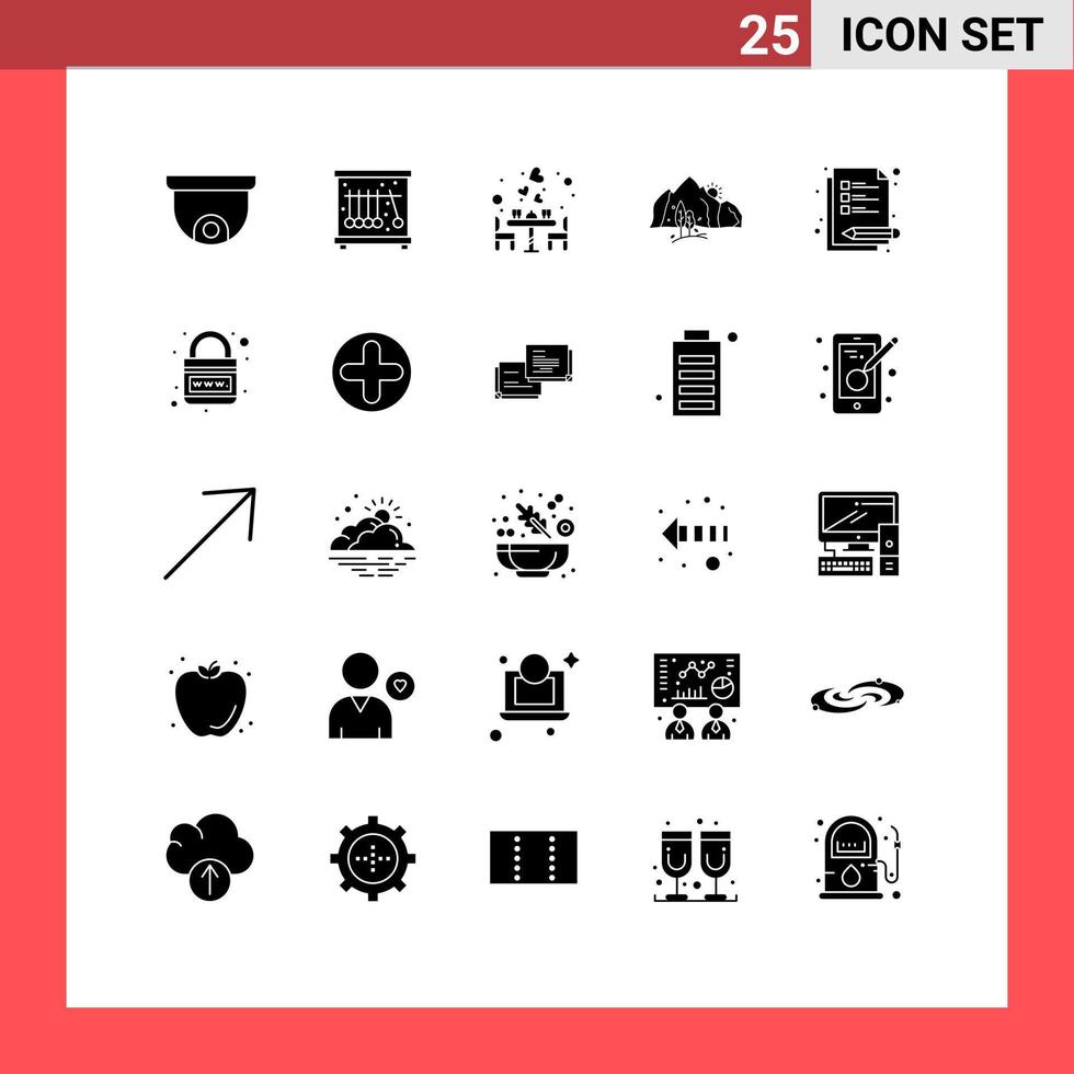Stock Vector Icon Pack mit 25 Zeilen Zeichen und Symbolen für Notizen Baum Abendessen Berglandschaft editierbare Vektordesign-Elemente