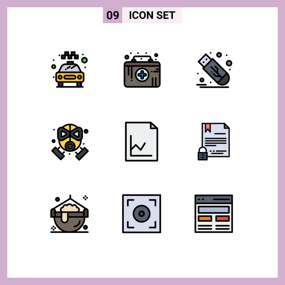 Piktogrammsatz von 9 einfachen gefüllten flachen Farben von Dokumentenschutz-Laufwerksmaske Feuer editierbare Vektordesign-Elemente vektor
