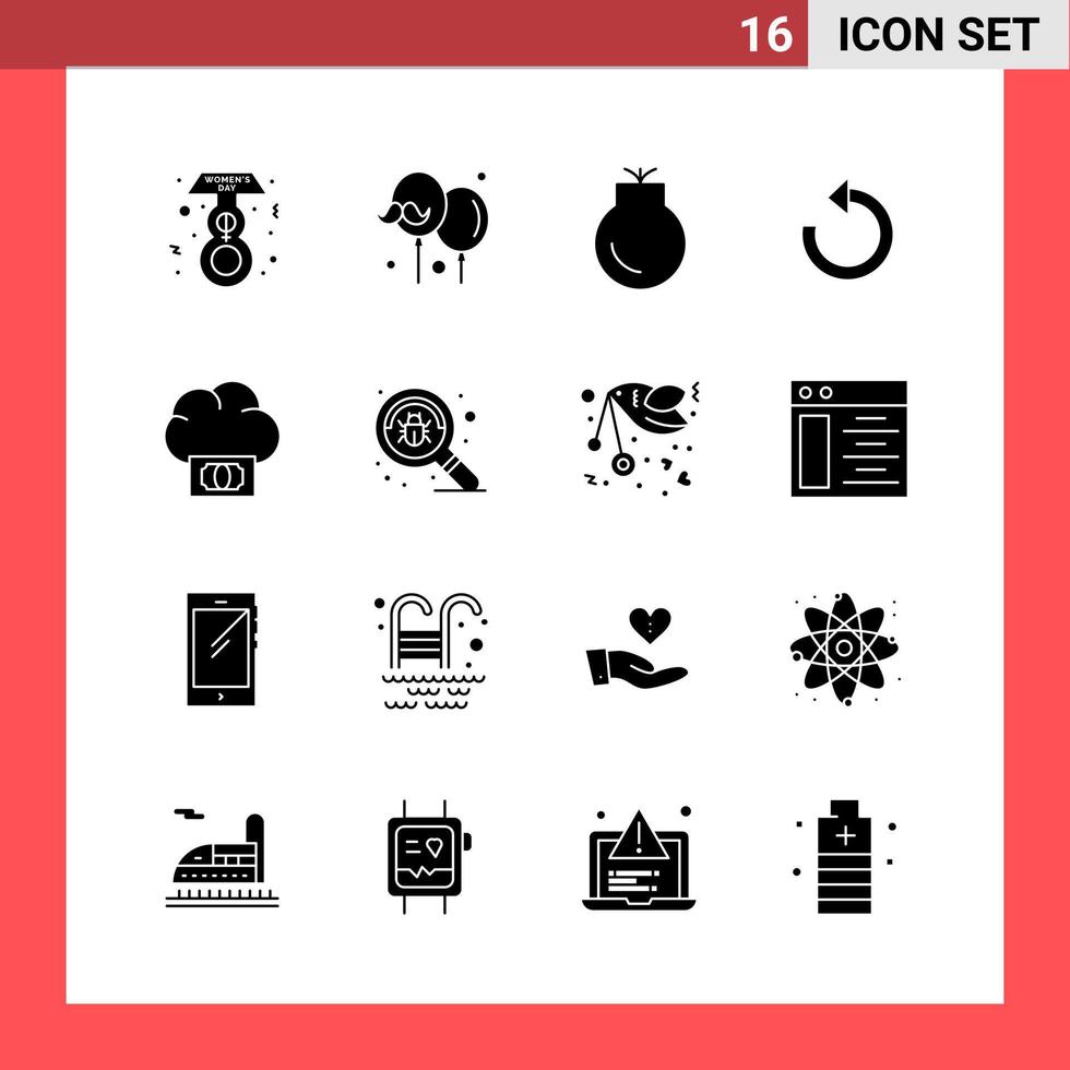 16 Icon-Pack-Glyphensymbole im soliden Stil auf weißem Hintergrund, einfache Zeichen für die allgemeine Gestaltung vektor