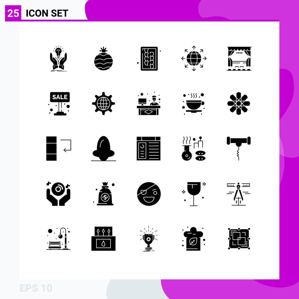 25 solides Glyphenpaket der Benutzeroberfläche mit modernen Zeichen und Symbolen der Bühnenvorhang-Welt global editierbarer Vektordesign-Elemente vektor