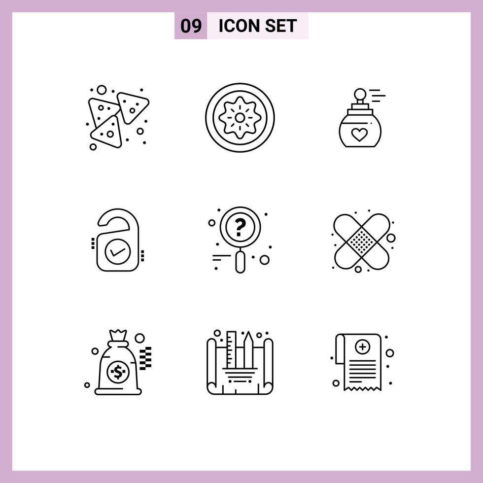 Stock Vector Icon Pack mit 9 Zeilenzeichen und Symbolen für Nachrichten Hotel Slice Sale Aroma editierbare Vektordesign-Elemente