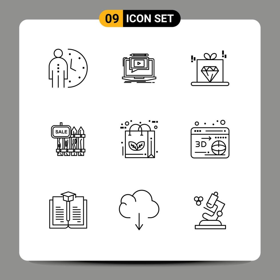Piktogrammsatz mit 9 einfachen Umrissen von Verkaufsholz-Tutorial-Zaunpreis editierbaren Vektordesign-Elementen vektor