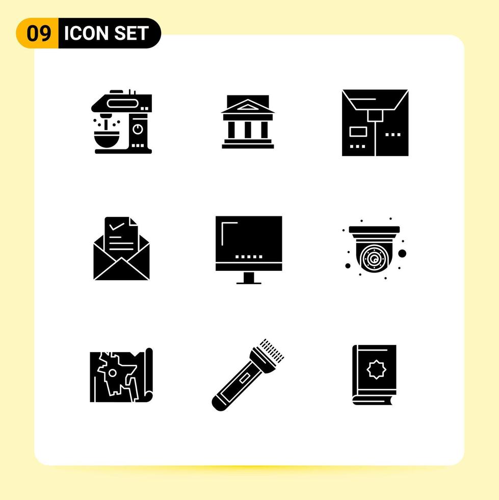 9 solides Glyphenkonzept für mobile Websites und Apps, Jobmail, Nachlasspaket, Handel, editierbare Vektordesignelemente vektor