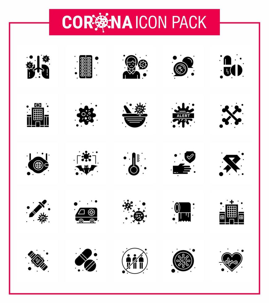 25 solide Glyphen-Corona-Virus-Pandemie-Vektorillustrationen rx medizinische Pille-Blase krankes virales Coronavirus 2019nov-Krankheitsvektor-Designelemente vektor