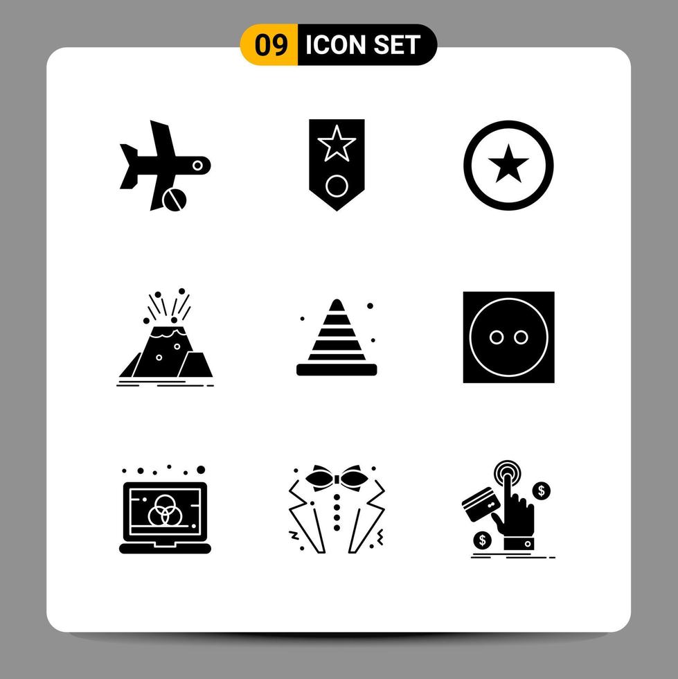 Aktienvektor-Icon-Paket mit 9 Zeilenzeichen und Symbolen für Sicherheitsvulkanausbruch, vom Benutzer bearbeitbare Vektordesign-Elemente vektor