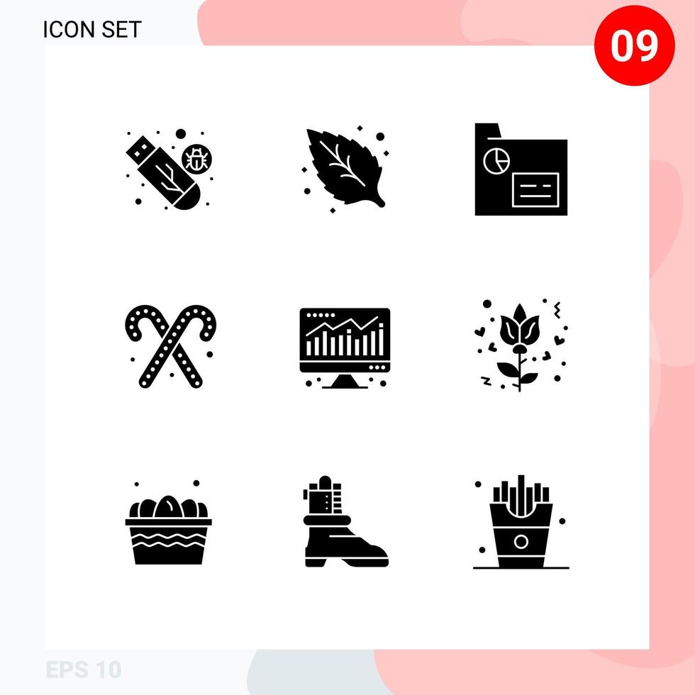 solides Glyphenpaket mit 9 universellen Symbolen für Diagrammsüßigkeiten, Geschäftsessen, Zuckerstange, editierbare Vektordesignelemente vektor