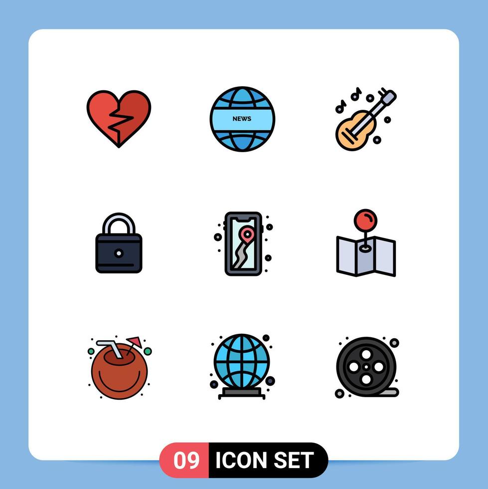 Gruppe von 9 gefüllten flachen Farbzeichen und Symbolen für Karte mobile Gitarrensicherheitserziehung editierbare Vektordesign-Elemente vektor
