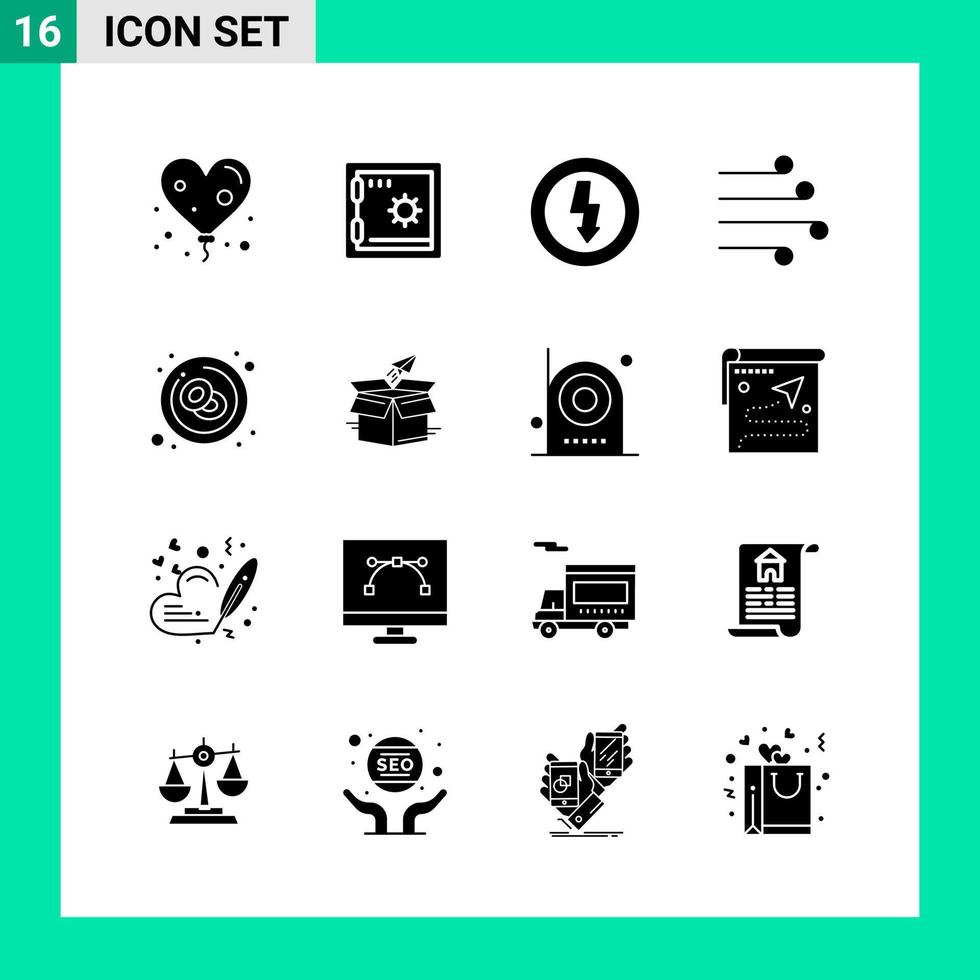 Packung mit 16 Symbolen im soliden Stil Glyphensymbole für den Druck kreativer Zeichen isoliert auf weißem Hintergrund 16 Symbolsatz vektor