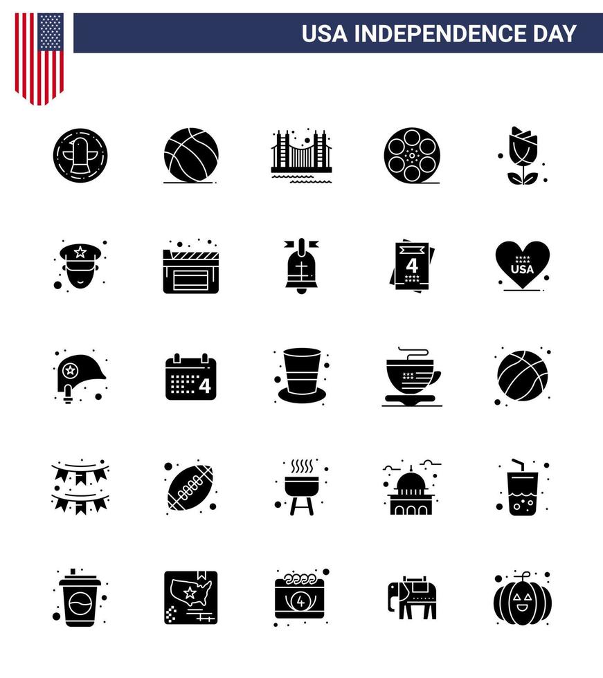 Lycklig oberoende dag packa av 25 fast glyf tecken och symboler för amerikan spela bro movis turism redigerbar USA dag vektor design element