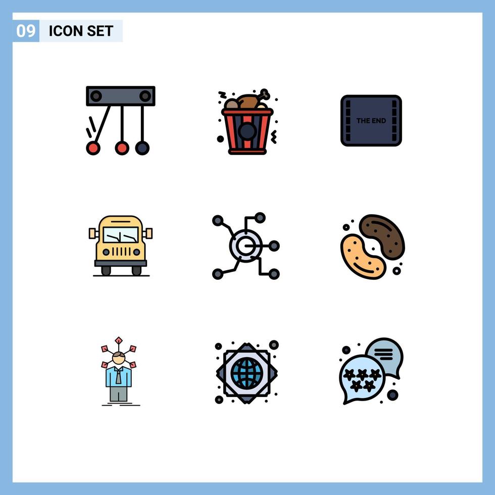 piktogram uppsättning av 9 enkel fylld linje platt färger av cirkel nätverk film data fordon redigerbar vektor design element