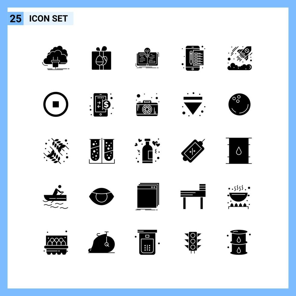 25 Symbole solider Stil kreative Glyphensymbole schwarzes solides Symbolzeichen isoliert auf weißem Hintergrund vektor