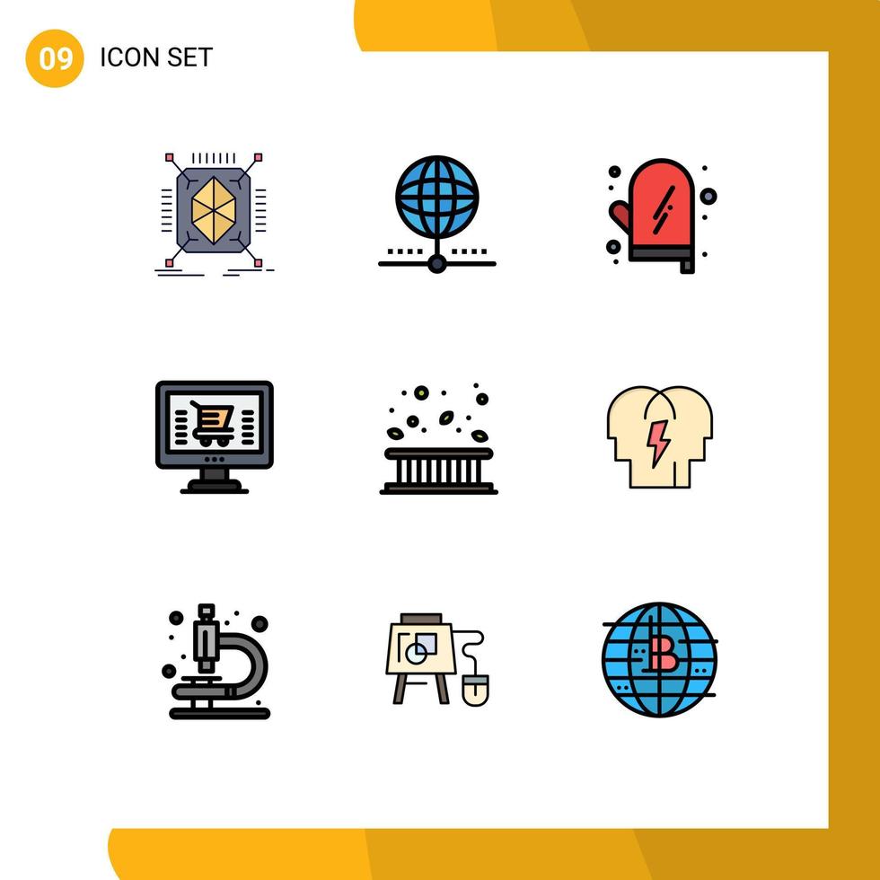 uppsättning av 9 vektor fylld linje platt färger på rutnät för område e-handel nätverk dator kök redigerbar vektor design element