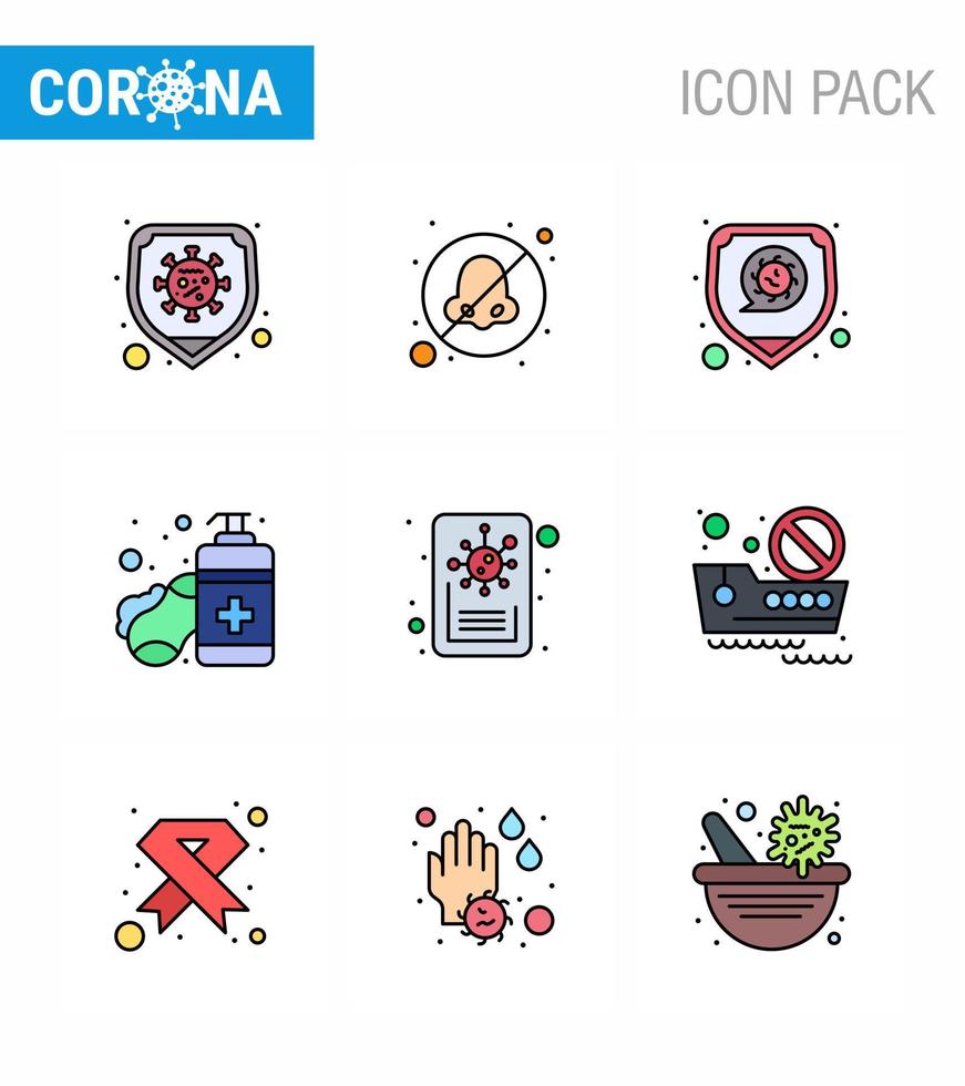 9 gefüllte Linien flache Farbe Coronavirus covid19 Icon Pack wie Report Hands Care Disease Sanitizer Soap virales Coronavirus 2019nov Disease Vector Design Elements