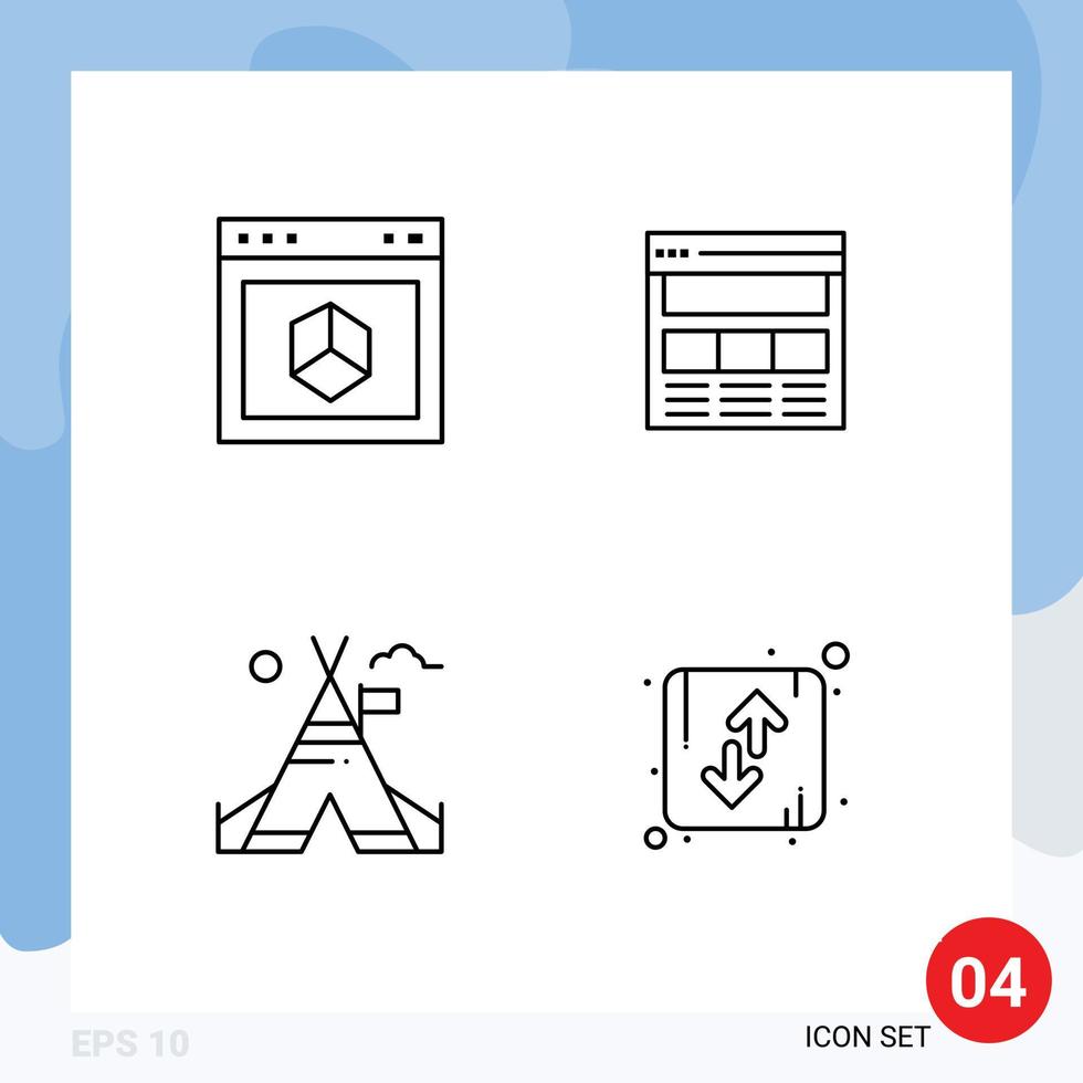 mobil gränssnitt linje uppsättning av 4 piktogram av Ansökan uppkopplad internet sida tält redigerbar vektor design element