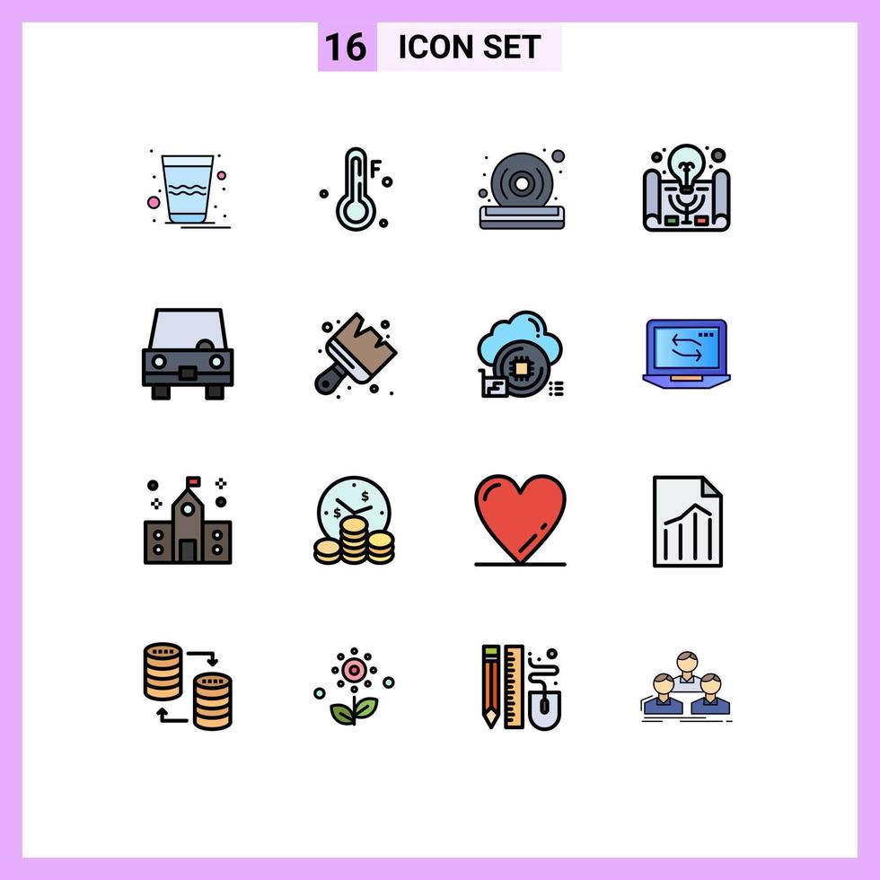 mobile schnittstelle flache farbe gefüllte linie satz von 16 piktogrammen transport gefüllter dvd projektmanagement geschäftsidee editierbare kreative vektordesignelemente vektor