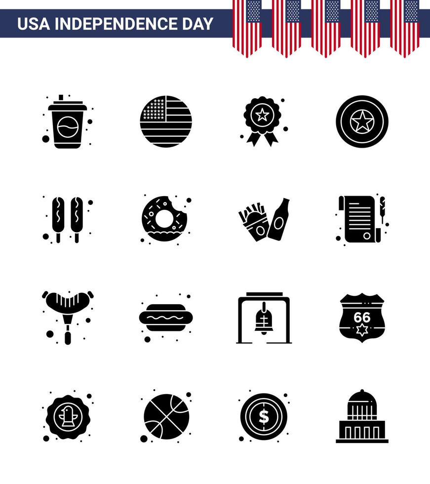 Aktienvektor-Icon-Pack mit amerikanischen Tag 16 soliden Glyphenzeichen und Symbolen für leckeres Donut-Feiertagsessen Maishund editierbare usa-Tag-Vektordesign-Elemente vektor