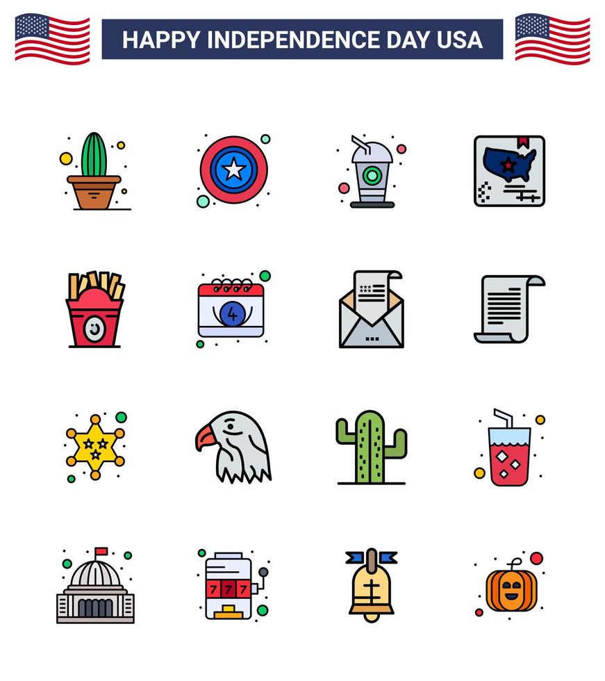 Happy Independence Day Pack mit 16 flach gefüllten Linien Zeichen und Symbolen für Fastfood World Bottle Map American Editable Usa Day Vector Design Elements